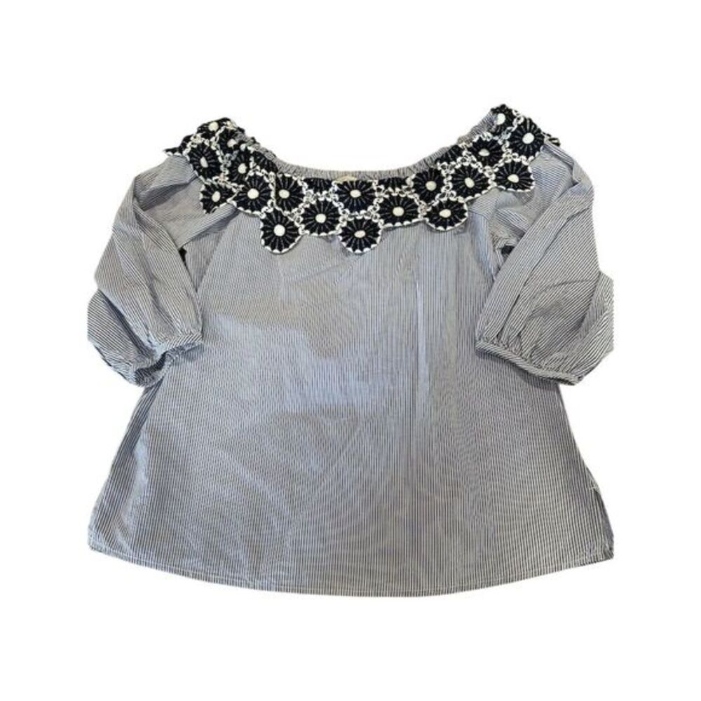Ann Taylor Loft Women's M‎ Blue Striped Off Shoulder Crochet Blouse